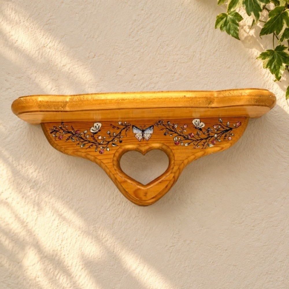 Vintage Wood Wall Shelf Heart Cutout Floral Butterfly Cottage Country Decor